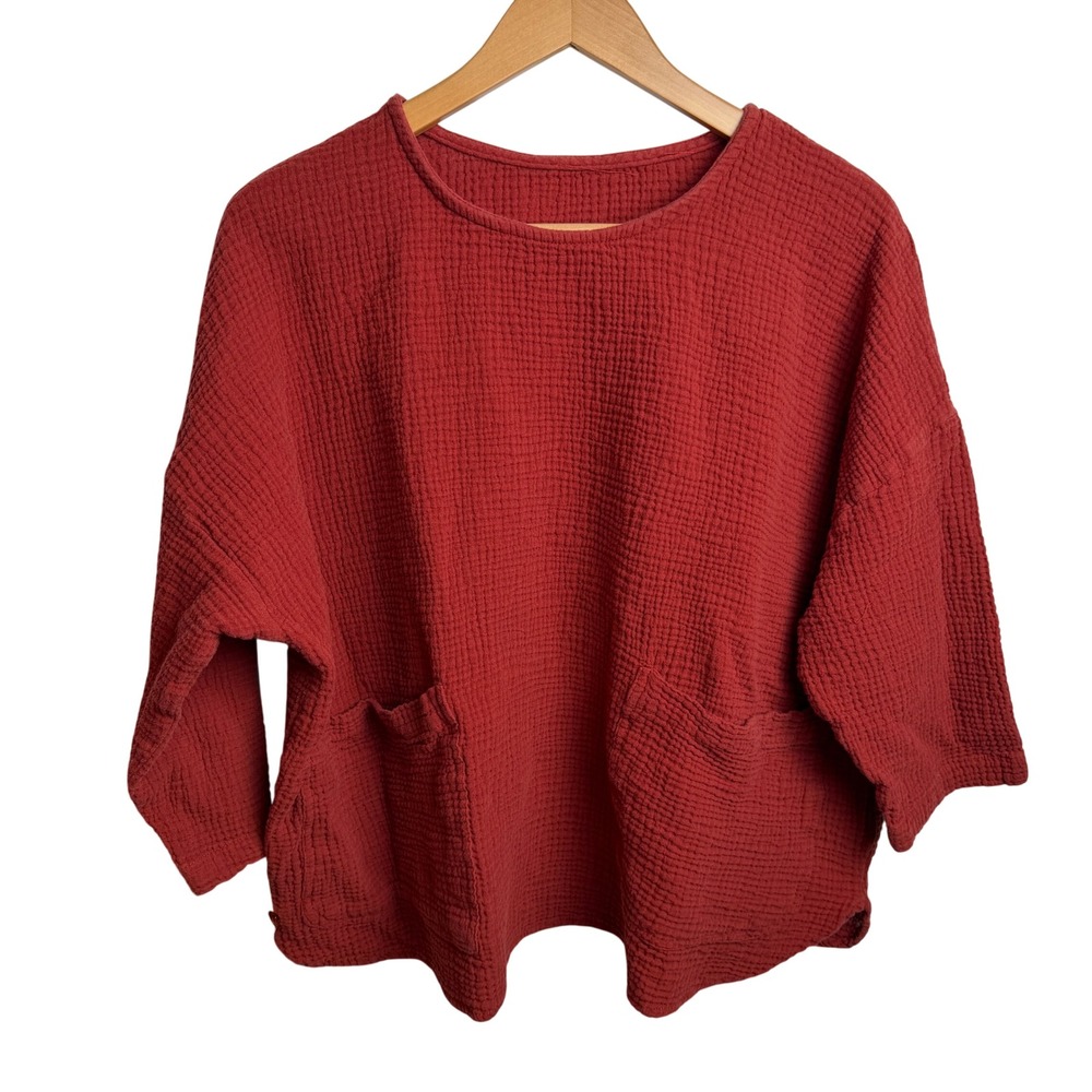 Cotton Gauze Boxy Top 3X Rust Textured Pocket Pullover Fall Boho Coastal Minimal